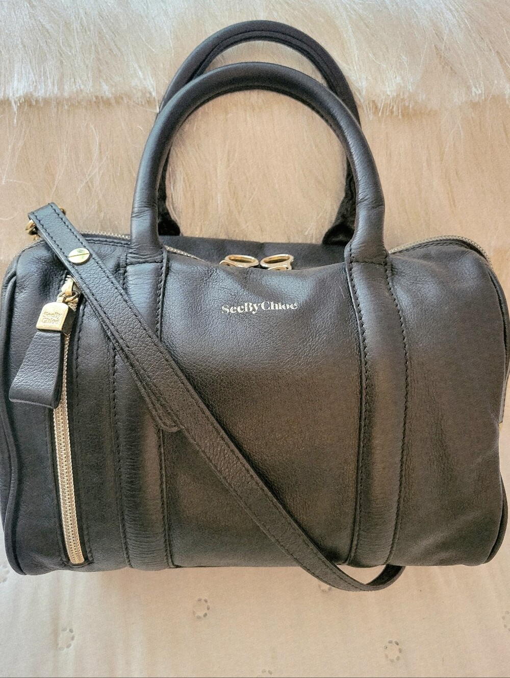 See by Chloé Black Leather Harriet Satchel Duffle Crossbody Bag Gold Hardware